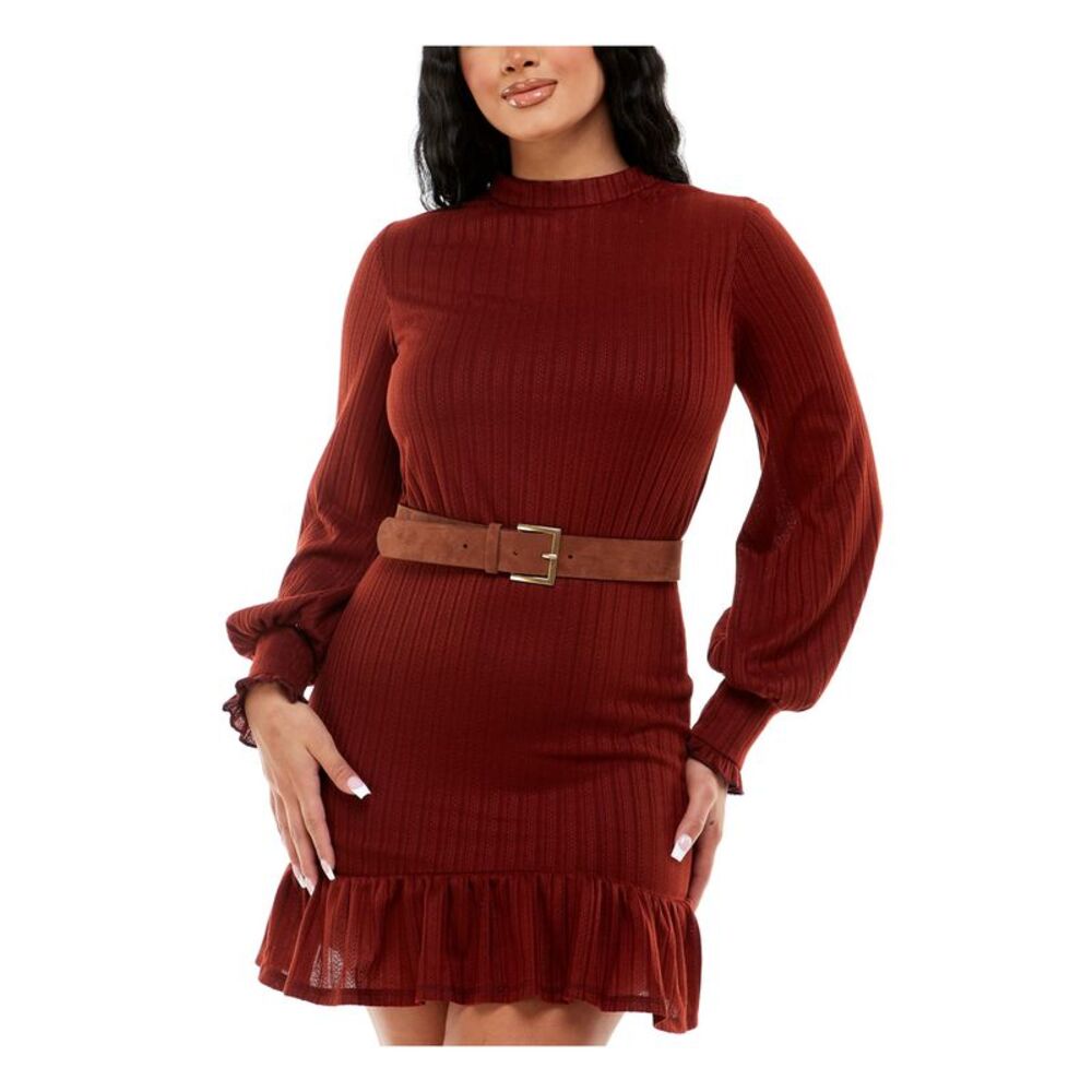 NWT B DARLIN Womens Brown Button Closure Balloon Sleeve Dress 13\14